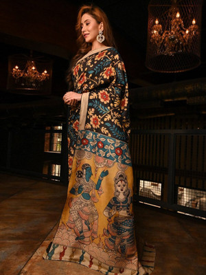 ANOUK Printed Baluchari Cotton Linen Saree(Black)
