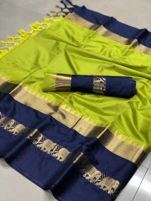 VK UNIQ Printed Banarasi Handloom Cotton Silk Saree(Green, Blue)