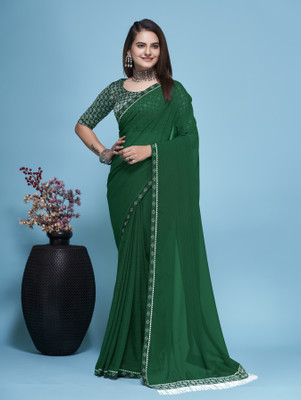 Gold Art Fashion Embroidered Bollywood Chiffon Saree(Green)