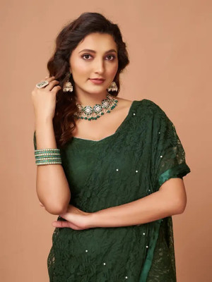 Aamvii Floral Print Bollywood Net Saree(Green)