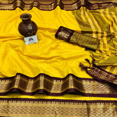 sanvi Woven, Checkered, Embellished, Self Design Daily Wear Jacquard, Cotton Silk Saree(Yellow)