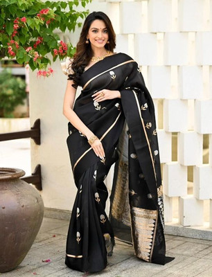 HouseOfCommon Printed Banarasi Pure Silk Saree(Black)