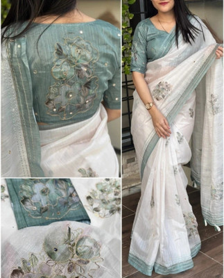 Sarthi Fashion Embroidered, Floral Print Bollywood Cotton Linen Saree(White)