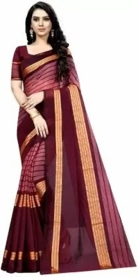 Silkbazar Striped Bollywood Cotton Blend Saree(Maroon)