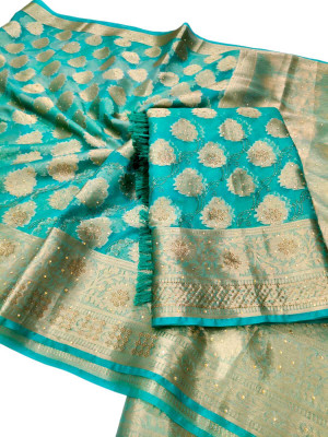 ALKRAMTEXTILES Woven, Floral Print, Embellished Banarasi Organza Saree(Light Green)