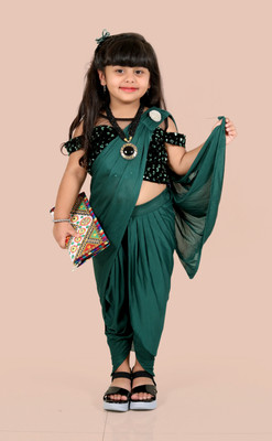 Kids Clothing By VNB Solid/Plain Bollywood Lycra Blend Saree(Green)