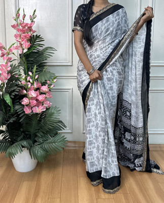 ZARISTACREATION Digital Print Bollywood Dupion Silk Saree(White)