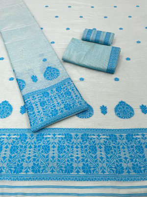 Rizanx Woven Mekhela Chador Cotton Blend, Cotton Silk Saree(White, Blue)