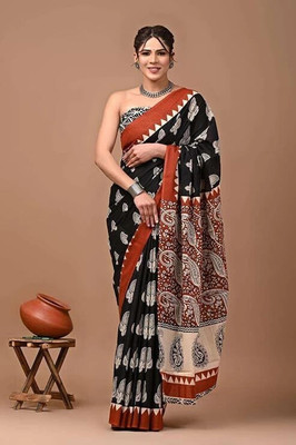 Tetarwal Floral Print Daily Wear Pure Cotton Saree(Black, Maroon)
