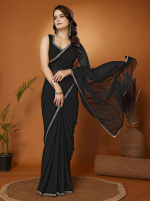 Aquiliq Embellished, Solid/Plain Bollywood Georgette Saree(Black, Silver)