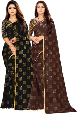 RHEY Printed Bollywood Chiffon Saree(Pack of 2, Black, Brown)