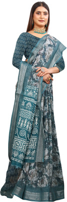 G GAJAL INTERNATIONAL Printed Kanjivaram Pure Cotton, Cotton Linen Saree(White)