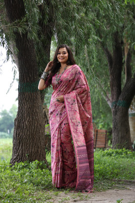 PeachPetals Printed Banarasi Cotton Silk Saree(Pink)
