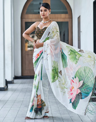 Satrani Floral Print Bollywood Georgette Saree(White, Multicolor)