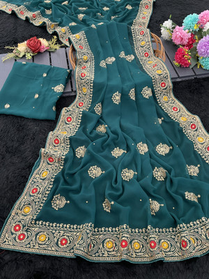 monoria Embroidered Chanderi Georgette Saree(Light Blue)