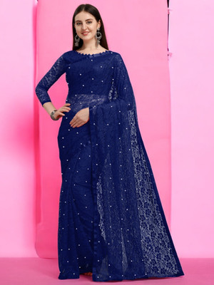 Nexxafashions Self Design Bollywood Net Saree(Dark Blue)