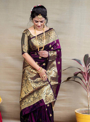 KanjiQueen Woven, Self Design Banarasi Silk Blend, Pure Silk Saree(Magenta, Brown)