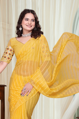 shrijamyaham Self Design Bollywood Chiffon Saree(Yellow)