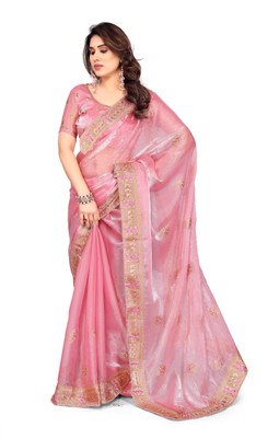 Mikhushop Embroidered Bollywood Jimmy choo Saree(Pink)