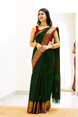 WEYLIN Woven Kanjivaram Jacquard, Pure Silk Saree(Dark Green)