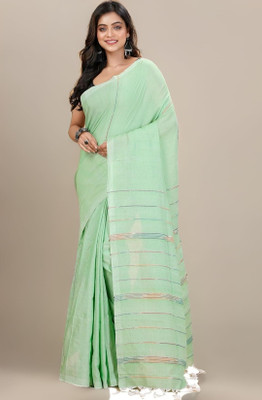 GOURISAREE Striped Tant Cotton Blend Saree(Light Green)