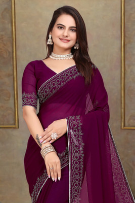 NIRMOHIFASHION Solid/Plain Bollywood Georgette Saree(Purple, Silver)