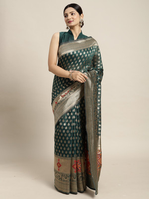 Sareemall Woven Banarasi Cotton Blend Saree(Brown)