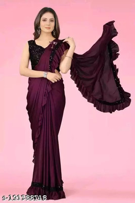 PLEXSTAR Self Design, Checkered, Embellished, Solid/Plain Bollywood Lycra Blend Saree(Purple)