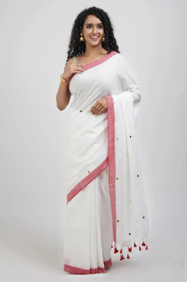 GOURISAREE Solid/Plain Tant Cotton Blend Saree(White)