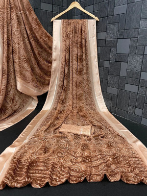 fashionfever Printed Bollywood Georgette, Satin Saree(Brown)