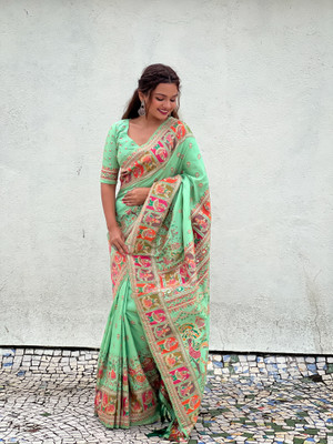 LIEBESGEWAND Woven, Floral Print Banarasi Semi-Pashmina Saree(Light Green)