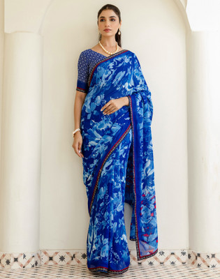 Samah Geometric Print, Floral Print Daily Wear Georgette, Chiffon Saree(Dark Blue)