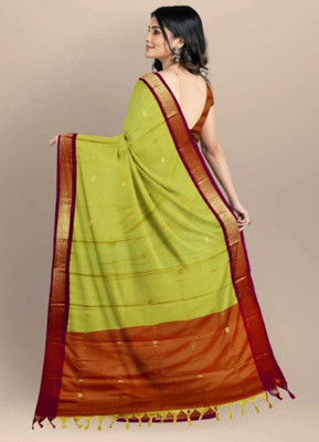 malegaon Self Design Bollywood Cotton Silk Saree(Light Green, Maroon)