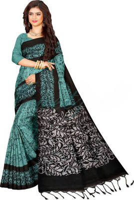Joyguru Textile Printed Hand Batik Pure Cotton Saree(Green)
