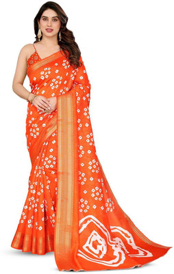 Moda Rapido Self Design Bandhani Cotton Blend Saree(Orange)