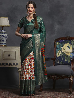 Anouk Rustic Printed Ikkat Silk Blend Saree(Green)