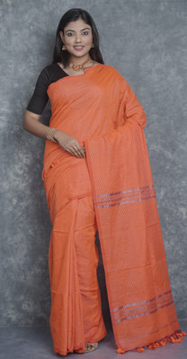 Tapan Textiles Striped Handloom Pure Cotton Saree(Orange)