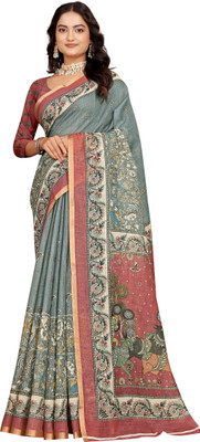 PRTRENDZ Printed Kanjivaram Pure Cotton, Cotton Linen Saree(Grey, Red)