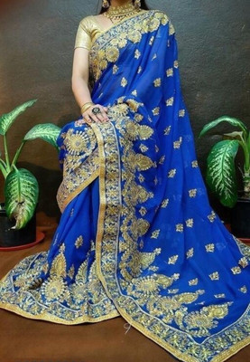 MIYANIFAB Embroidered Bollywood Georgette Saree(Blue)