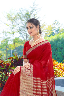 HouseOfCommon Solid/Plain Bandhani Organza Saree(Red)