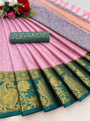 yourwish Woven, Embellished, Self Design Banarasi Silk Blend, Jacquard Saree(Pink, Light Green, Gold)