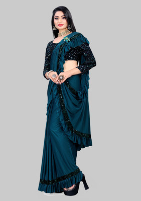 HouseOfCommon Embellished, Solid/Plain Bollywood Lycra Blend Saree(Dark Blue)