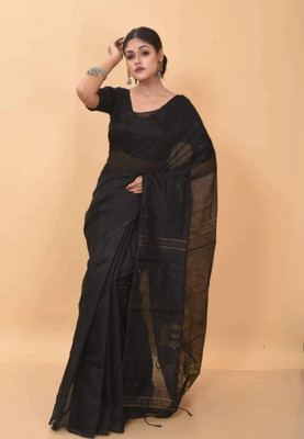 indrikacreation Embellished, Woven Handloom Cotton Blend Saree(Black)