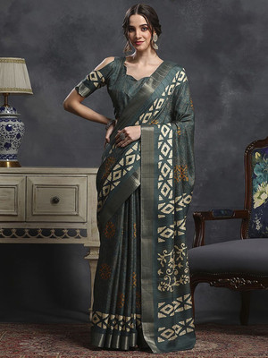 Anouk Rustic Printed Chinnalapattu Silk Blend Saree(Green)
