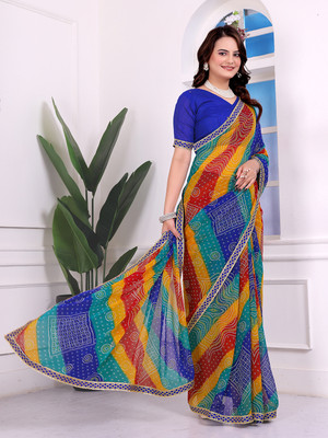 Anmi Printed Bandhani Georgette Saree(Blue)