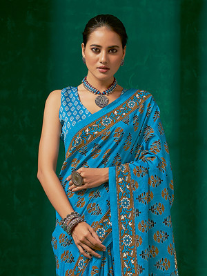Divastri Printed Daily Wear Silk Blend Saree(Blue)