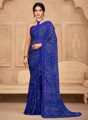 SainiVastra Printed Bandhani Chiffon Saree(Blue)