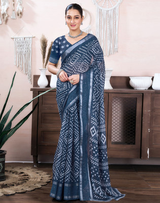 Samah Embellished, Printed Bandhani Linen, Cotton Blend Saree(Blue)