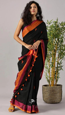 saree star Self Design Tant Cotton Blend Saree(Black)