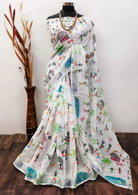 TRUORIGIN Digital Print Bollywood Cotton Linen Saree(White)